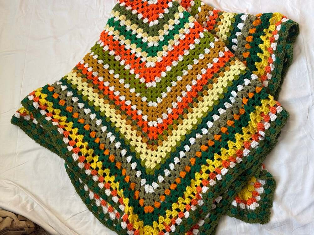 Afghan vintage 70’s/80’s avocado orange yellow beige 60” by 56” used